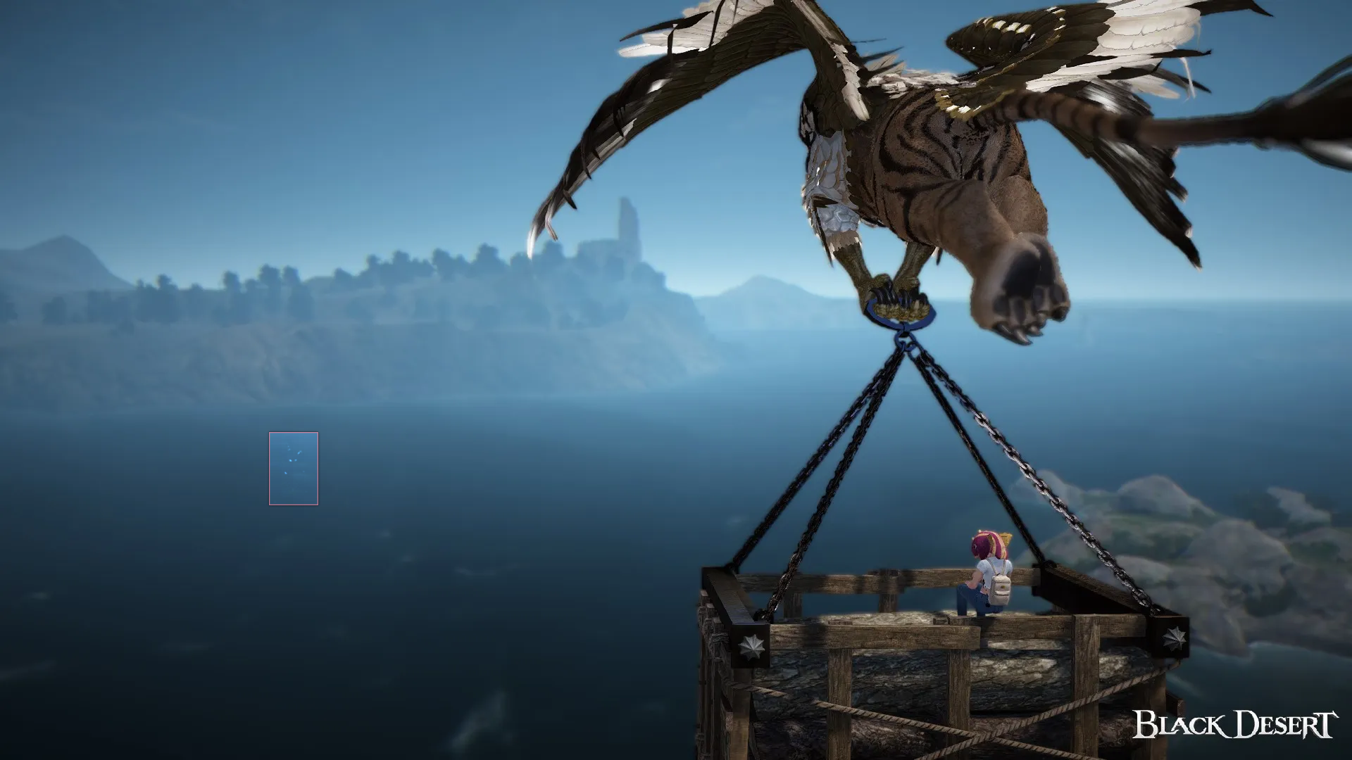 Character riding the Velia–Illya griffon while spotting a distant seagull hotspot over the ocean