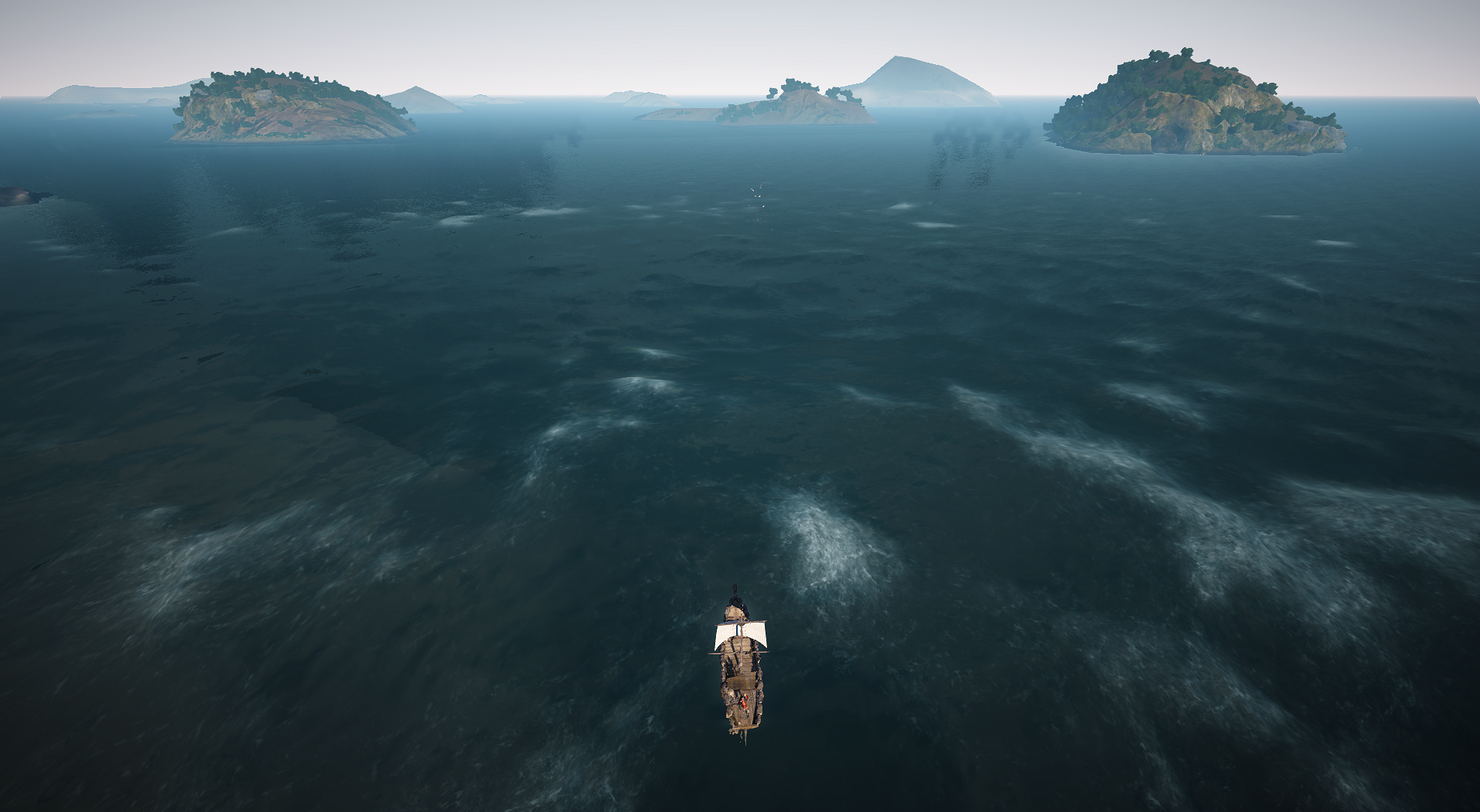 Observe Mode view from above a boat, with a distant seagull hotspot visible between islands