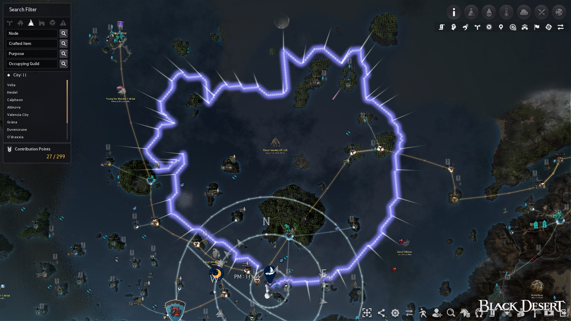 World map showing an autopath loop around hotspot spawn areas in the Balenos Islands north of Velia