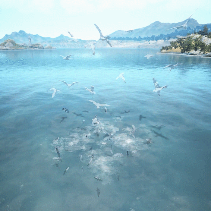 Seagulls circling and feeding over a fish hotspot on the ocean