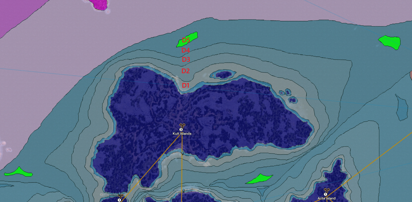 Map around Kuit Islands showing Zenato Sea depth bands D1 through D5 and disconnected D5 areas in green