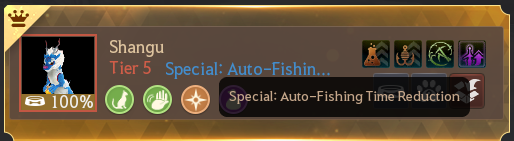 Tier 5 Shangu pet showing Special: Auto-Fishing Time Reduction